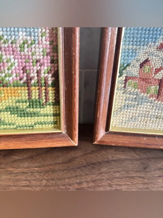 Vintage Pair of Small Framed Needlepoint Art of Spring and Winter Landscapes - Picture 5 of 10